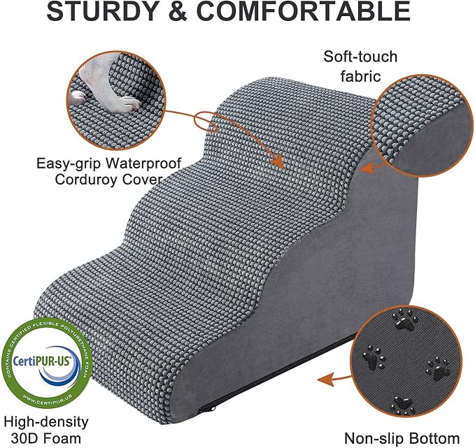 Ryoizen Dog Stairs Ramp for Small Dogs, Pet Stairs Tool for High Bed Couch, Dog Ladder as Puppy Stuff, 3 Tiers Non-Slip Pet Stairs with High Density Foam, Gifts Lint Roller for Dogs, Grey Black