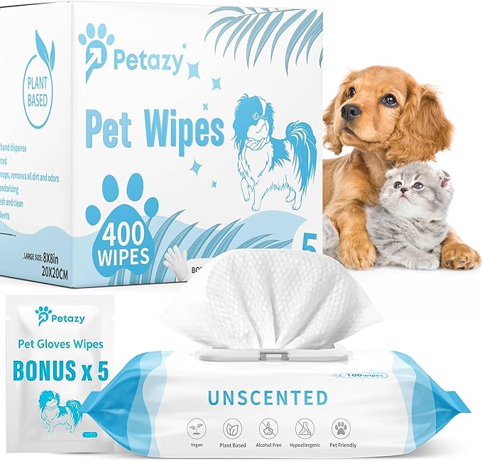 400 Dog Wipes for Paws and Butt Ears Eyes | Organic Pet Wipes for Dogs | Unscented Dog Wipes Cleaning Deodorizing | Extra Thick Paw Wipes for Dogs Cats Pets | Bonus Glove Wipes Included