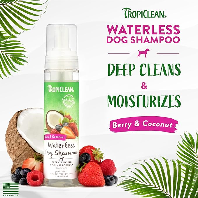 TropiClean Berry Coconut Waterless Dog Shampoo | Deep Cleansing Dry Shampoo for Dogs | Natural Dog Shampoo Derived from Natural Ingredients | Made in The USA | 7.4 oz.