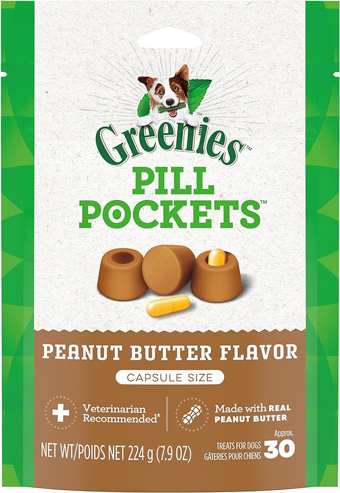 GREENIES PILL POCKETS for Dogs Capsule Size Natural Soft Dog Treats with Real Peanut Butter, 7.9 oz. Pack (30 Treats)