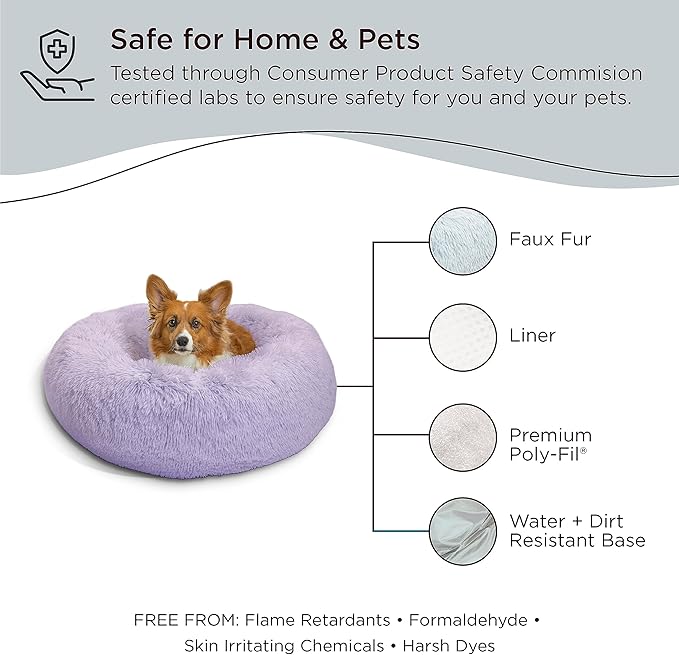 Best Friends by Sheri The Original Calming Donut Cat and Dog Bed in Shag Fur Lavender, Medium 30"