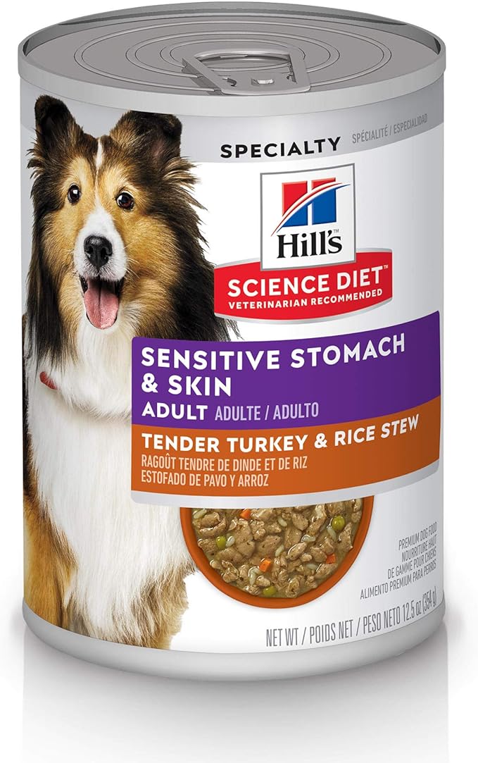 Hill's Science Diet Sensitive Stomach & Skin, Adult 1-6, Stomach & Skin Sensitivity Support, Wet Dog Food, Chicken & Barley Stew, 12.5 oz Can, Case of 12