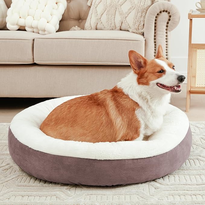 Love's cabin Donut Pet Bed, 25in, Burlwood, for Small Dogs & Cats, Soft Durable Fabric, Anti-Slip, Water-Resistant, Washable