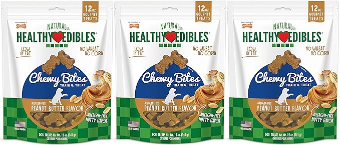 Nylabone 3 Pack of Peanut Butter Flavor Natural Healthy Edibles Chewy Bites, 12 Ounces Each, Grain-Free, Made in The USA