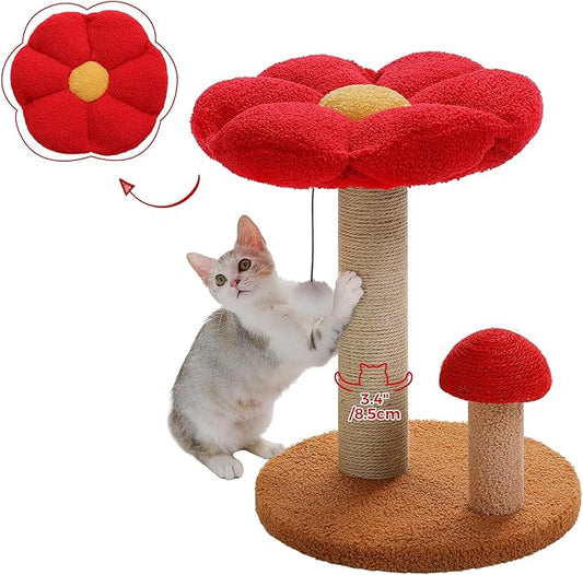 PETEPELA Flower Cat Scratching Post, Mushroom Cat Scratcher Cute with Thick Scratching Post & Removable Flower Large Cat Bed [Dia=15.7''], Tall Cat Post for Kittens and Indoor Small Cats