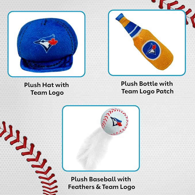 BEST PLUSH CAT TOY - MLB TORONTO BLUE JAYS Complete Set of 3 piece Cat Toys filled with Fresh Catnip. Incld: 1 Baseball Cap Cat Toy, 1 Baseball Cat Toy with Feathers & 1 Beer Bottle. Team LOGOS