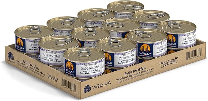 Weruva Classic Dog Food, Bed & Breakfast with Chicken, Egg, Pumpkin & Ham in Gravy, 5.5oz Can (Pack of 24), Blue