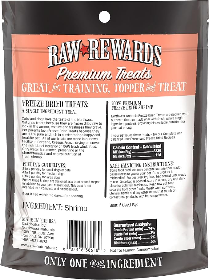 Northwest Naturals Raw Rewards Freeze-Dried Shrimp Treats for Dogs and Cats - Bite-Sized Pieces - Healthy, 1 Ingredient, Human Grade Pet Food, All Natural - 1 Oz (Pack of 3) (Packaging May Vary)