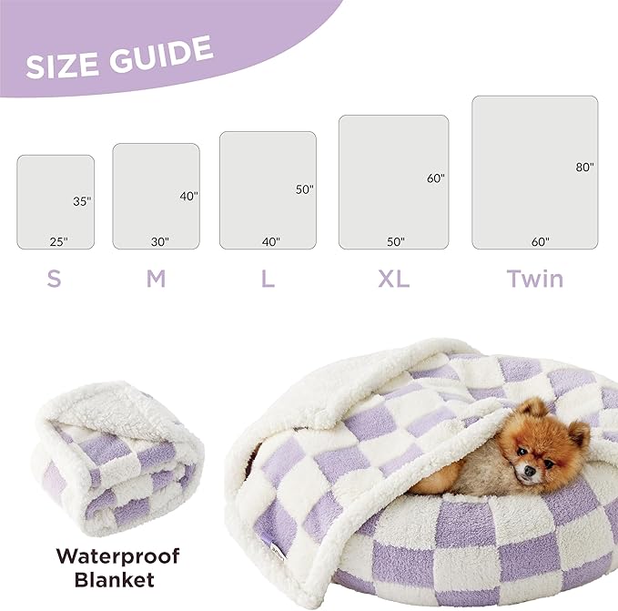 Lesure Waterproof Dog Blanket for Large Dogs - Washable Double Sided Dog Blankets with Warm Jacquard Shag and Soft Sherpa Fleece, Pet Cat Blanket for Couch Protection, 3D Textured Checks, Purple