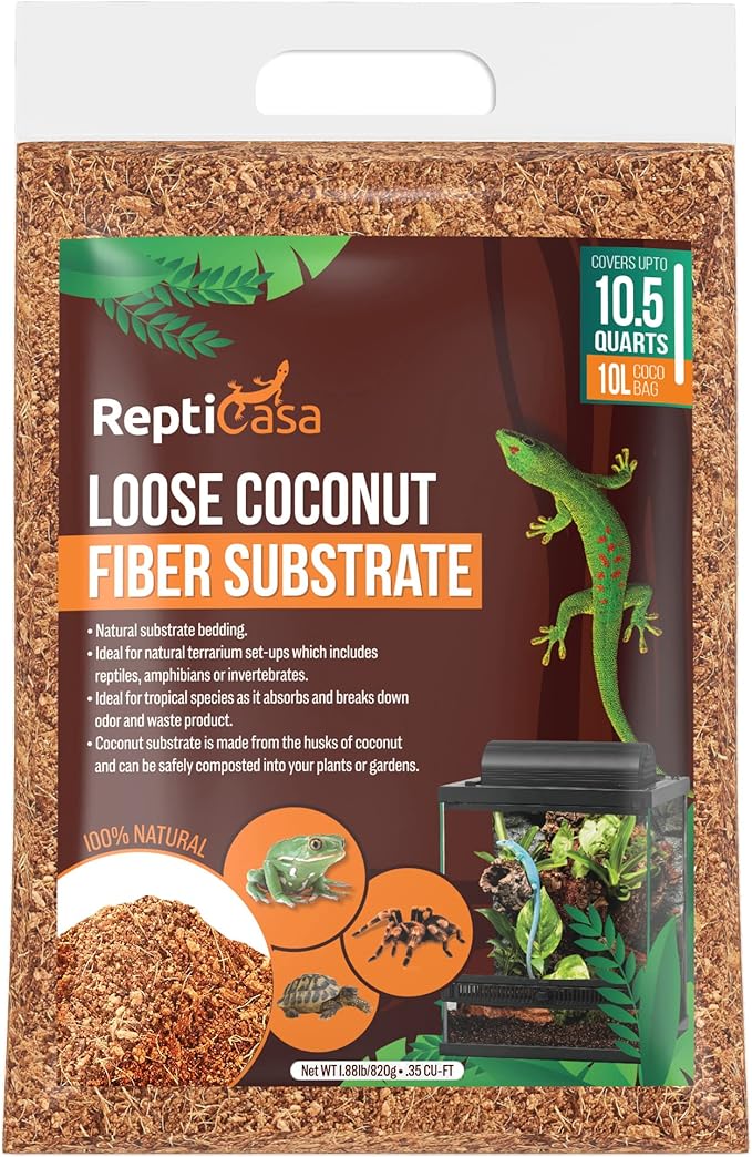 Loose Coconut Substrate Husk Fibers, 10.5 Quarts Bag, Clean Natural Terrarium Bedding for Reptiles, Amphibians, or Invertebrates, Waste, Liquid and Odor Absorbent