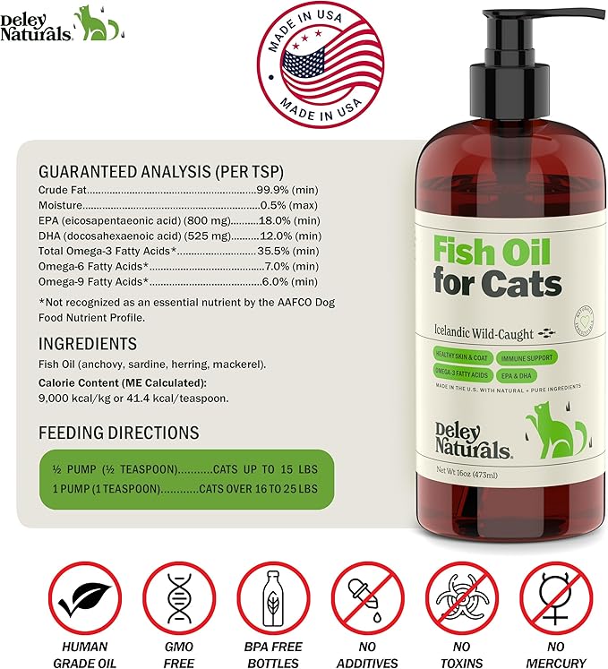 Deley Naturals Wild Caught Fish Oil for Cats - 16oz - Omega 3-6-9, GMO Free - Reduces Shedding, Supports Skin, Coat, Joints, Heart, Brain, Immune System - Highest EPA & DHA Potency – Pure Fish Oil