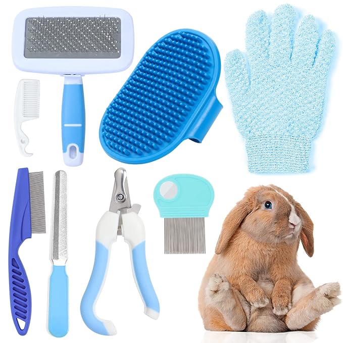 8 Pcs Small Animal Pink Grooming Kit, Rabbit Grooming Kit with Pet Nail Clipper and File, Flea Comb, Pet Shampoo Bath Brush , Pet Shedding Slicker Brush, Bath Massage Glove, Cleaning Comb (Blue)