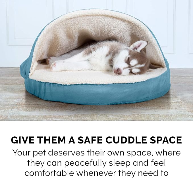 Furhaven 35" Round Cooling Gel Dog Bed for Large/Medium Dogs w/ Removable Washable Cover, For Dogs Up to 50 lbs - Sherpa & Suede Snuggery - Blue, 35-inch