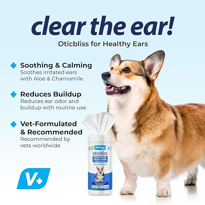 Vetnique Labs Oticbliss Ear Cleaner Wipes/Flushes for Dogs & Cats with Odor Control and Itch Relief Reduces Head Shaking - Clear The Ear (Ear Cleaning Wipes, Aloe Cleaning Large)