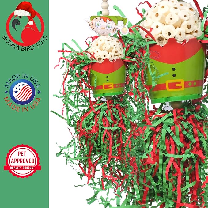 Bonka Bird Toys Christmas Elf Santa Snowman Reindeer Natural Sola Chew Forage Small Medium Bird Toy Cockatiel Parakeet Conures and Other Similar Birds (2434 Elf)