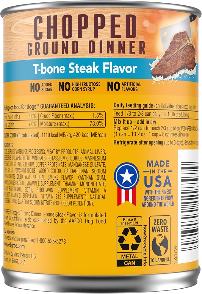 PEDIGREE CHOPPED GROUND DINNER Adult Canned Soft Wet Dog Food, T-Bone Steak Flavor, 13.2 oz. Cans (Pack of 12)