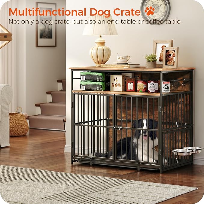 Large Dog Crate Furniture, 38.6" Heavy Duty Dog Kennel with Bowls & Storage Shelf, Wooden Dog Cage End Side Table for Small/Medium/Large Dogs, Chew-Resistant, Rustic Brown DCHR10901