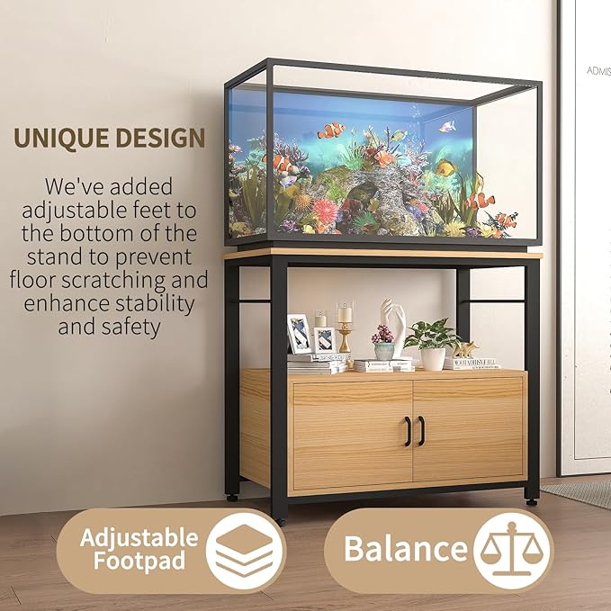 Fish Tank Stand Metal Aquarium Stand with Cabinet Accessories Storage 40-50 Gallon, Double Layer Metal with Storage Weight Capacity 760lbs, Black Walnut Brown