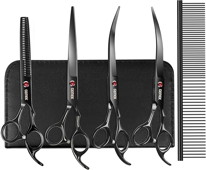 7.0in Titanium Professional Dog Grooming Scissors Set, GEMEK 6 in 1 Straight & Thinning & Upwards Curved & Downwards Curved Scissors & Comb for Dogs, Cats and Other Animals