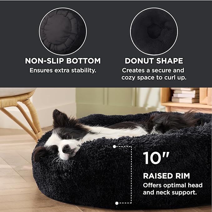 Bedsure Calming Dog Bed for Large Dogs - Donut Washable Large Pet Bed, 36 inches Anti-Slip Round Fluffy Plush Faux Fur Dog Bed, Fits up to 100 lbs Pets, Black