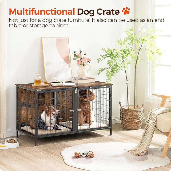 Dog Crate Furniture for 2 Dogs, 43.3" Dog Kennel with Removable Divider, Heavy Sturdy Dog Furniture Style Double Cage for Small Medium Dog, Indoor Dog House End Table, Rustic Brown DCHR1201