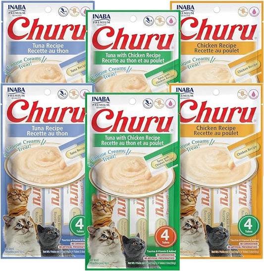INABA Churu Lickable Creamy Purée Cat Treats 3 Flavor Variety Pack of 24 Tubes