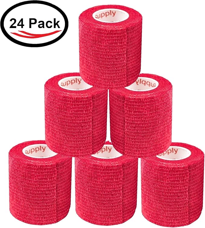 2 Inch Vet Wrap Tape Bulk (Red) (Pack of 24) Self Adhesive Adherent Adhering Flex Bandage Grip Roll for Dog Cat Pet Horse