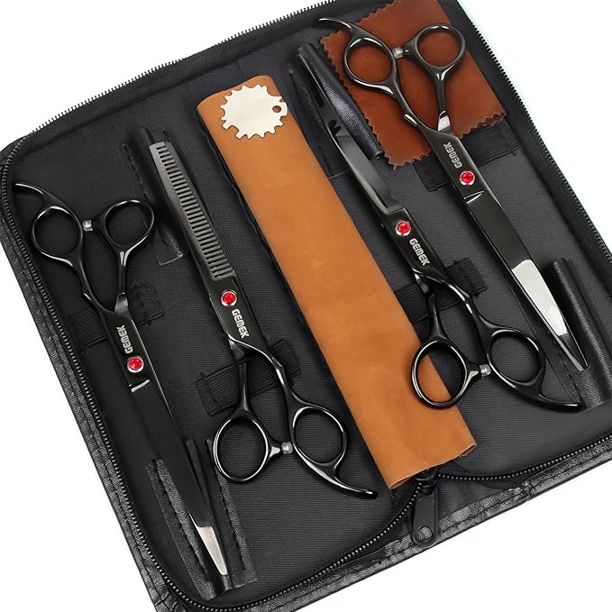 7.0in Titanium Professional Dog Grooming Scissors Set, GEMEK 6 in 1 Straight & Thinning & Upwards Curved & Downwards Curved Scissors & Comb for Dogs, Cats and Other Animals