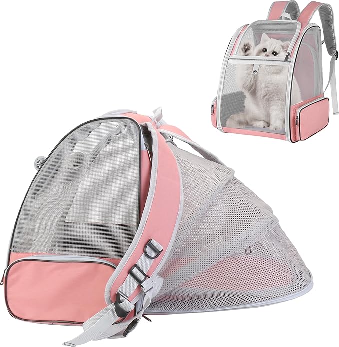 Cat Carrier Expandable Backpack, Airline Approved Pet Carriers for Small Dogs, Large Cat Bag Carrier, Foldable Collapsible Travel Bookbag for Carrying Cats Puppy Kitten Bunny Bird Chicken (Pink)