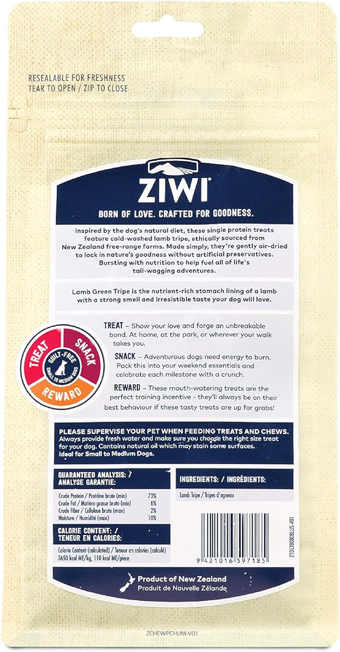 ZIWI Dog Chews and Treats – All Natural, Air-Dried, Single Protein, Grain-Free, High-Value Treat, Snack, Reward (Lamb Green Tripe) 2.8 Ounce (Pack of 1)