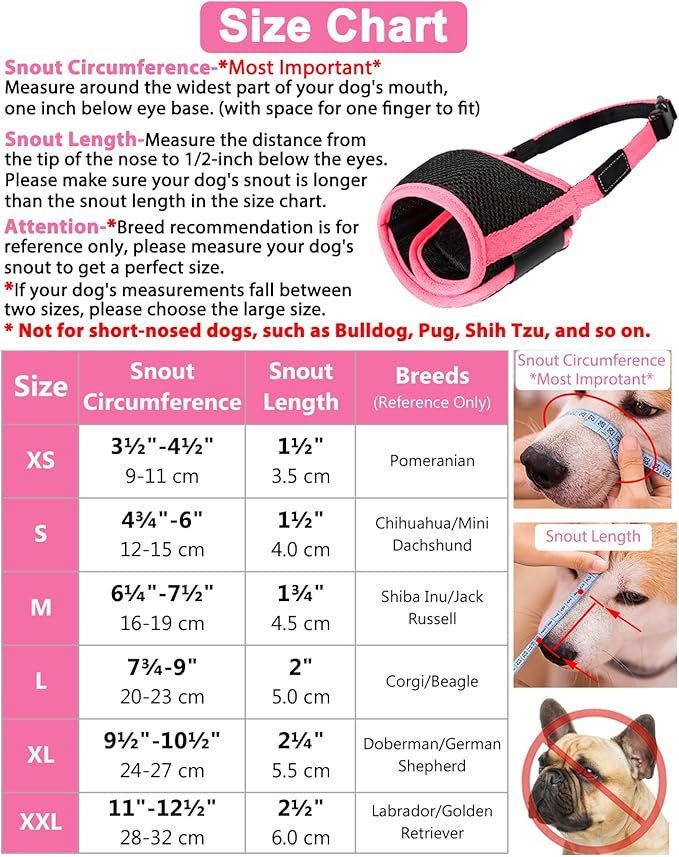 LUCKYPAW Dog Muzzle Anti Biting Barking and Chewing with Comfortable Mesh Soft Fabric and Adjustable Strap, Suitable for Small, Medium and Large Dogs(Pink Trim,S)