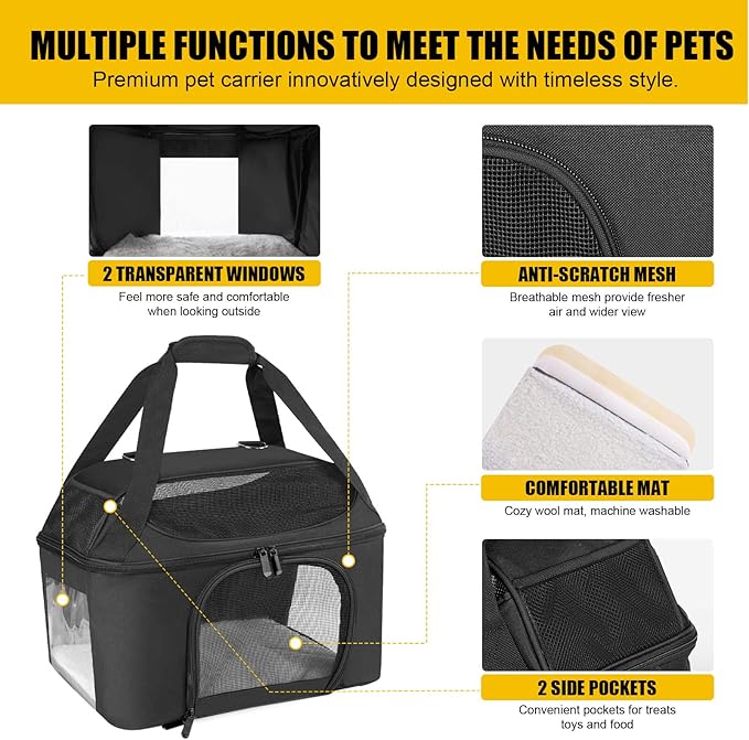 Large Cat Carrier for 2 Cats, Oeko-TEX Certified Soft Side Pet Carrier for Cat, Small Dog, Collapsible Travel Small Dog Carrier, TSA Airline Approved Cat Carrier for Large Cats 20 lbs-Black