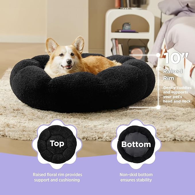 Lesure Calming Large Dog Bed - Flower Donut Round Fluffy Puppy Bed in Plush Teddy Sherpa, Non-Slip Cute Flower Dog Beds, Large Pet Bed Fits up to 100 lbs, Machine Washable, Black 36"