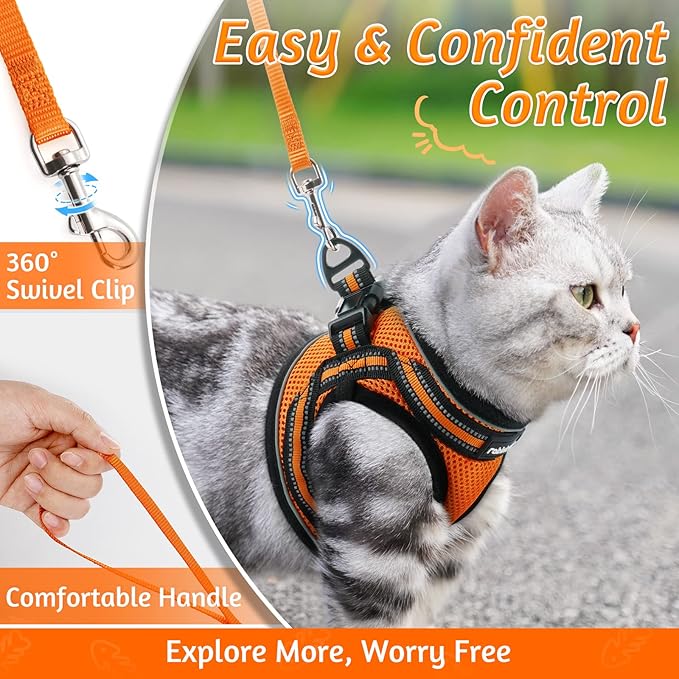 rabbitgoo Cat Harness and Leash Set for Walking Escape Proof, Adjustable Soft Kittens Vest with Reflective Strip for Cats, Comfortable Outdoor Vest,Light Orange,M