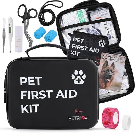 Dog first aid kit | Pet first aid kit for dogs and cats | 85 pieces with styptic clotting stick and bonus travel pouch | Dog emergency kit for home and travel | Dog medical kit (hard case)