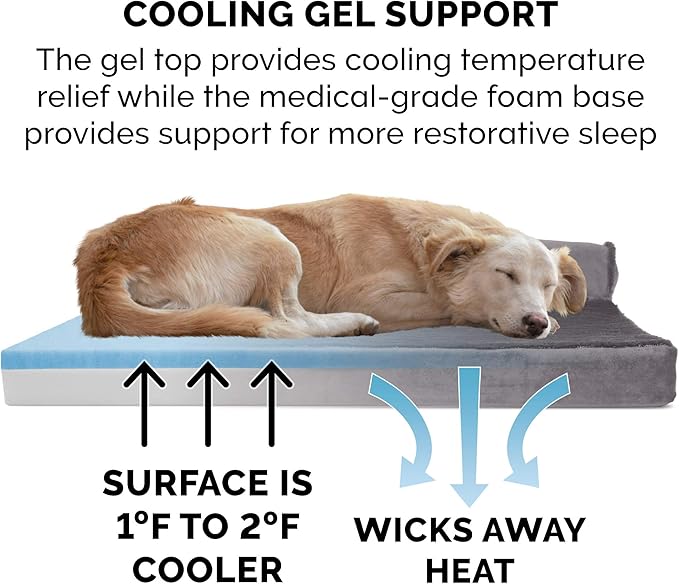 Furhaven Cooling Gel Dog Bed for Large Dogs w/ Removable Bolsters & Washable Cover, For Dogs Up to 125 lbs - Plush & Velvet L Shaped Chaise - Platinum Gray, Jumbo Plus/XXL