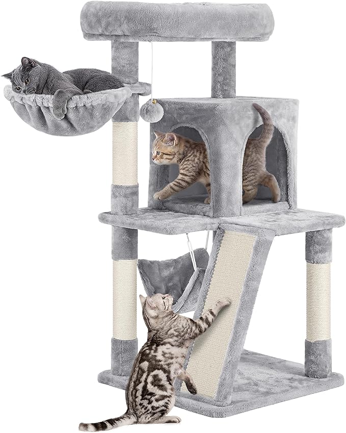 Yaheetech Cat Tree Cat Tower, 40-Inch Cat Condo with Oversized Soft Platform, Scratching Board, Basket and Hammock, Cat Furniture for Kittens Cats Pets, Light Gray