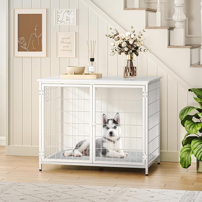 Dog Crate Furniture with Cushion, Wooden Dog Kennel with Double Doors, Heavy Duty Dog Cage for Small/Medium/Large Dogs, Indoor Dog House End Table, 31.5" L, White DCBW0701