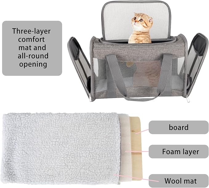 Cat Carrying Case - Pet Carrier Airline Approved, Protable and Breathable Pet Travel Carrier Removable Fleece Pad, Collapsible Cat Carrier Dog Carrier for Medium Cats Small Cats Dogs (X-Large, grey)