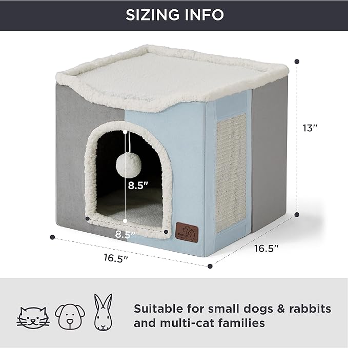 Bedsure Cat Beds for Indoor Cats - Large Cat Cave for Pet Cat House with Fluffy Ball Hanging and Scratch Pad, Foldable Cat Hideaway,16.5x16.5x13 inches, Pale Blue