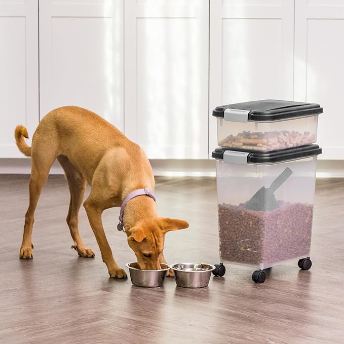 IRIS USA 30 lbs & 11 lbs Combo Airtight Dog Food Storage Container, Stackable Treat Box, 2-Cup Scoop, Wheels, Keep Fresh, Easy Mobility, Black