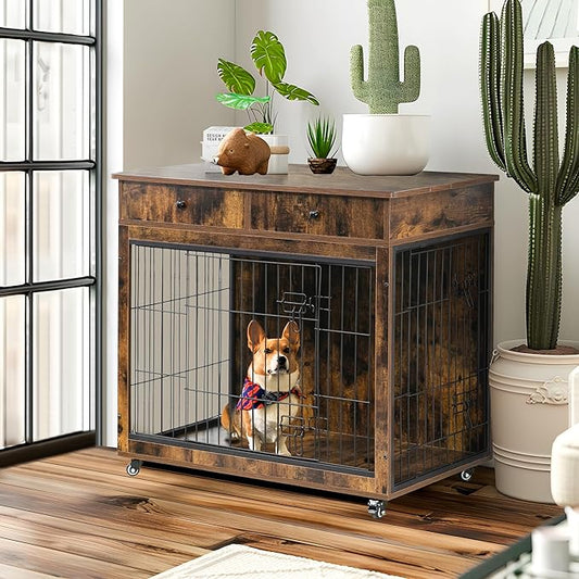 NicBex Dog Crate Furniture, 31.7" L Dog Crates for Medium Dogs, Medium Dog Crate with Drawers, Wooden Dog Kennel Indoor Pet Crate for Small Medium Dog, Rustic Brown