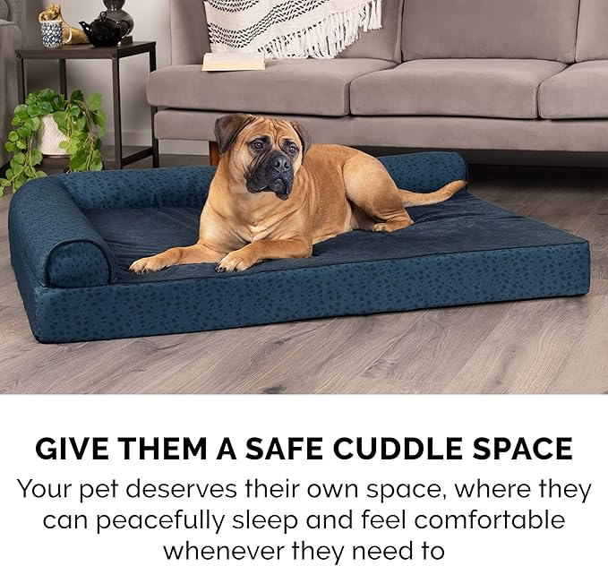 Furhaven Memory Foam Dog Bed for Medium/Small Dogs w/ Removable Bolsters & Washable Cover, For Dogs Up to 35 lbs - Plush & Almond Print L Shaped Chaise - Blue Almonds, Medium
