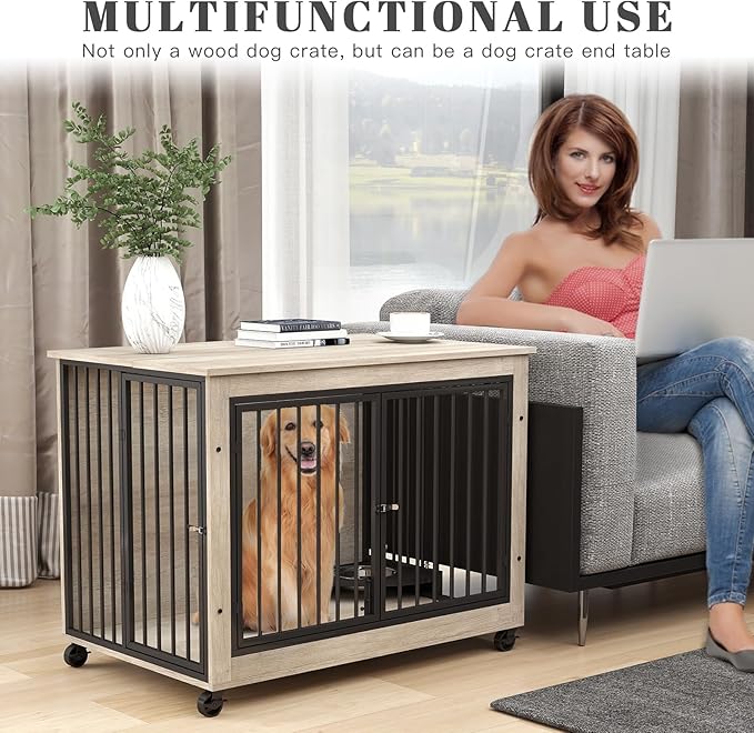 39 Inch Large Wooden Dog Crate Furniture with 180° Rotatable Bowl, Grey Multi-Functional Dog Crate End Table with Wheels, Furniture Dog Crate for Large Dogs with Flip-up Top Opening