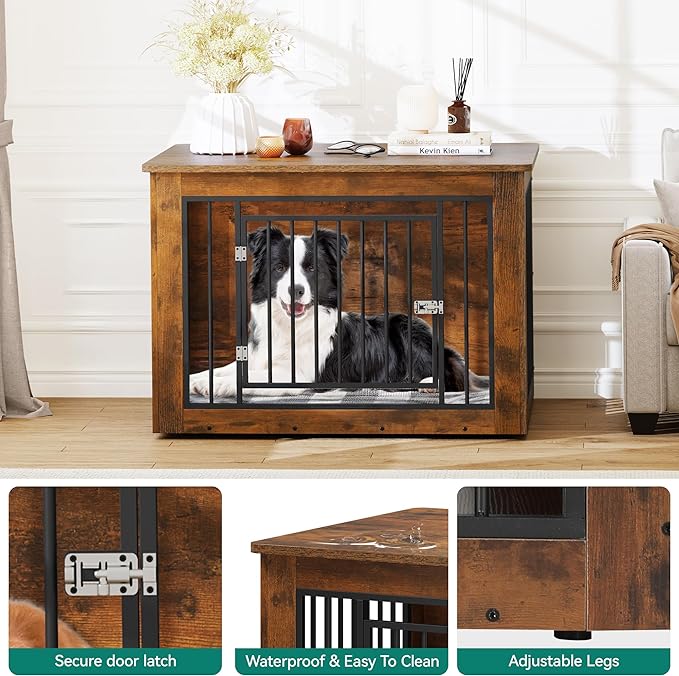 YITAHOME Dog Crate Furniture for Large Dogs, Side End Table, Modern Dogs Kennel Indoor up to 60 lb, 2-in-1 Iron-Wood Fusion Dog Cage with Waterproof Top, Safety Corners, Steel Lock,38"L, Rustic Brown