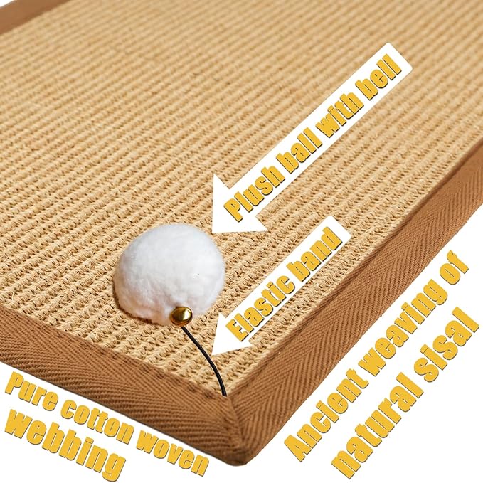 Cat Scratching Mat Hanging Toy Ball with Bell, 23.6x16.1 Sisal Cat Scratcher Mat with Latex Back & Cotton Borde,Horizontal Cat Scratchers Protect Carpets & Sofa (Beige with Cotton Border)