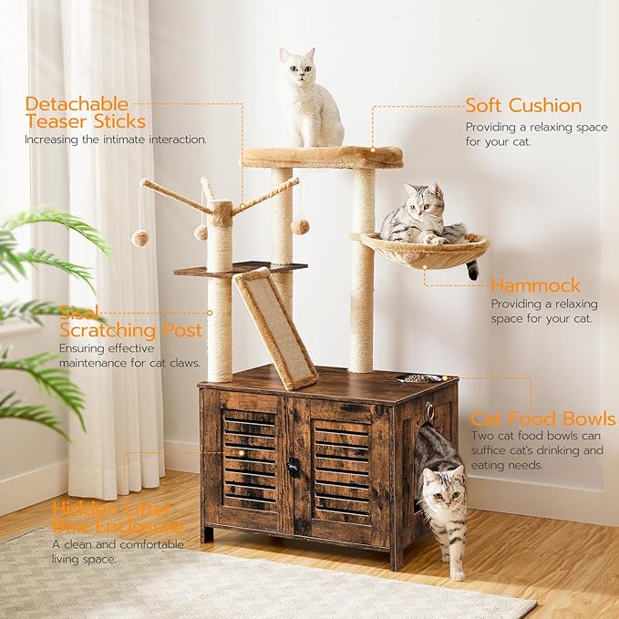 HOOBRO Cat Tree with Litter Box Enclosure, 44" Tall Wooden Cat Tower with Scratching Posts, Cat Hammock, Hidden Litter Box Furniture, All-in-One Indoor Cat Condo, Rustic Brown FG48MZ03