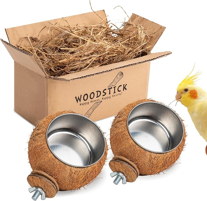 WOODSTICK Coconut Bird Feeder for Cage with Clamp - Removable Stainless Steel Bowls for Happy Birds! Hangable Bird Bowl in Cages - Perfect for Parakeets, Parrots, and Small Animals - 2-pack