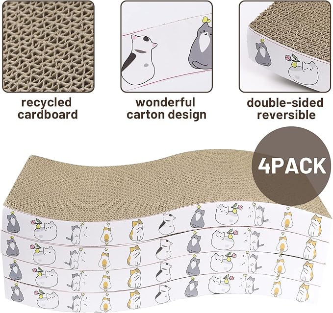 Cat Scratcher Cardboard 4 Pack Cat Scratch Pad Reversible Scratcher Texture Curve Design Durable Cat Scratchers for Indoor Cats Lounger Sofa