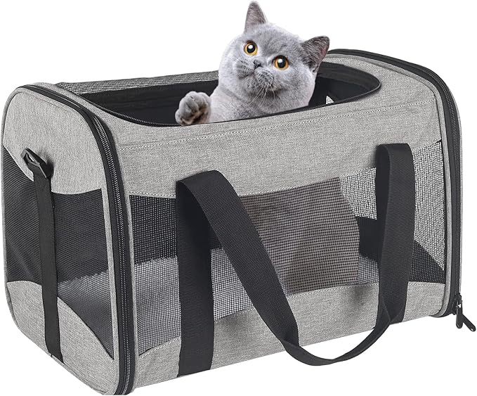 Cat Carrying Case - Pet Carrier Airline Approved, Protable and Breathable Pet Travel Carrier Removable Fleece Pad, Collapsible Cat Carrier Dog Carrier for Medium Cats Small Cats Dogs (grey&black M)